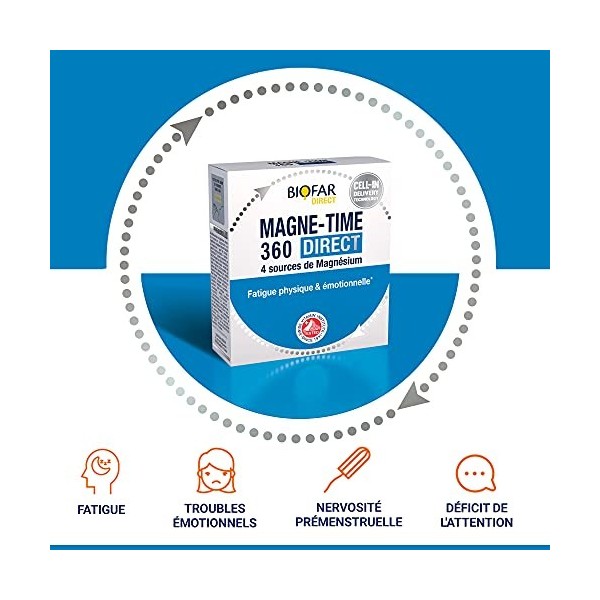 BIOFAR - MAGNE-TIME 360 DIRECT - Complément Alimentaire - Haut Dosage En Magnésium 360Mg - 14 Sticks Orodispersibles - Fatigu