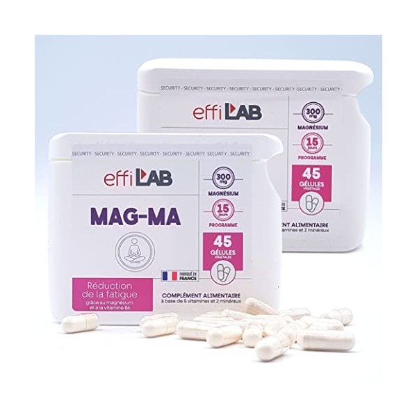 EffiLAB | Complément alimentaire à base de Magnesium marin | lot de 2 piluliers de 45 gélules végétales | à base de 5 vitamin