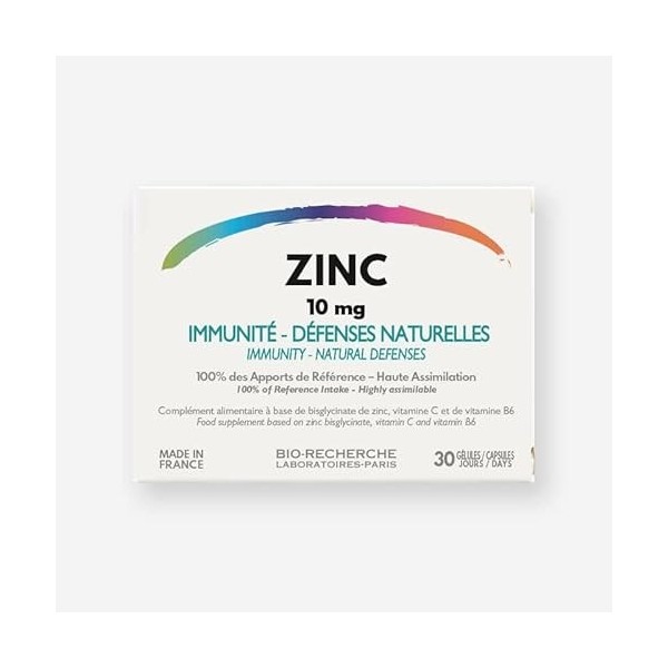 ZINC •10 mg • Complément Alimentaire Zinc & Vitamine B6 + C • Cure 1 mois / 30 gélules 1/j • Fabriqué en France