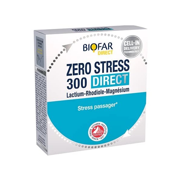 BIOFAR ZERO STRESS 300 DIRECT - Lactium®, Rhodiole, Magnésium Acétyltaurinate et Liposomal, Zinc organique, Vitamines B & C -