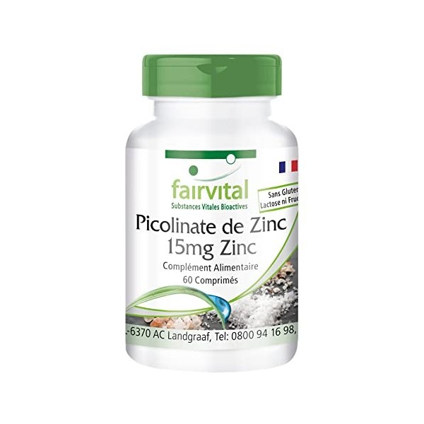 Fairvital | Picolinate de Zinc avec 15mg de Zinc - Important pour le goût et l‘odorat - 60 comprimés - 1 Boite pour 2 mois!