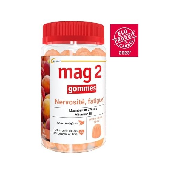 Mag 2 - Gommes pêche - Anti-nervosité et anti-fatigue - Sans sucres ajoutés -Complément alimentaire à base de magnésium et vi