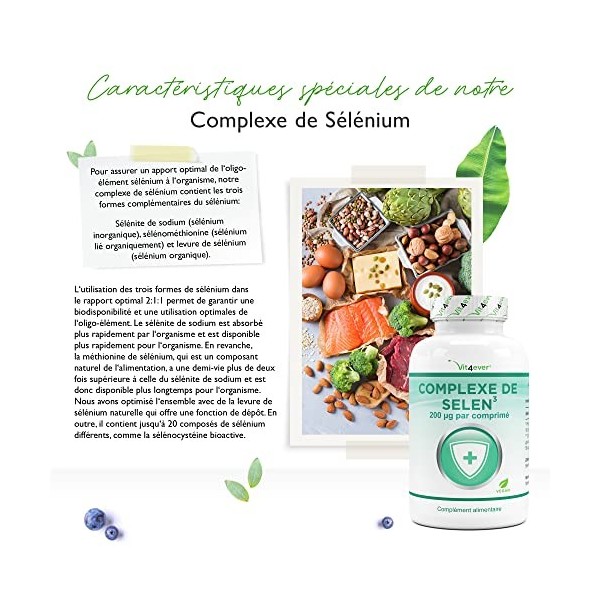 Sélénium 3-fold complex - 365 comprimés de 200 µg chacun - Premium : Sélénite de sodium, L-sélénométhionine, levure de séléni