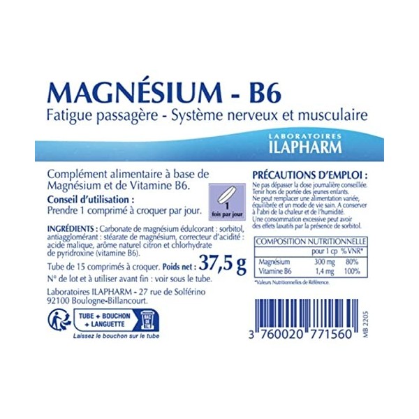 Laboratoires Ilapharm - MAGNESIUM ET VITAMINE B6 - Fatigue passagère - Stress et fatigue - Tube de 15 comprimés à croquer