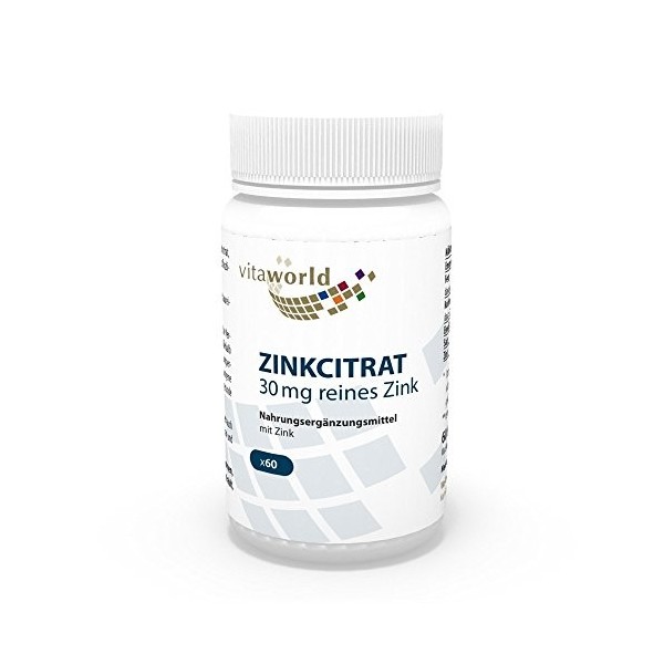 Vita World Citrate de Zinc 30 mg de Zinc Pur 60 Capsules Made in Germany