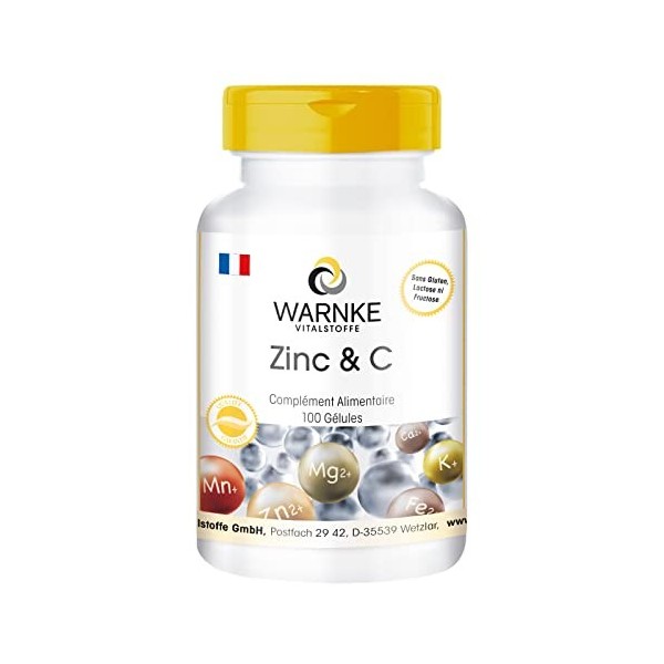 Zinc et vitamine C 300 mg - vitamine C - 5 mg de zinc - 100 gélules - Végétarien | Warnke Vitalstoffe