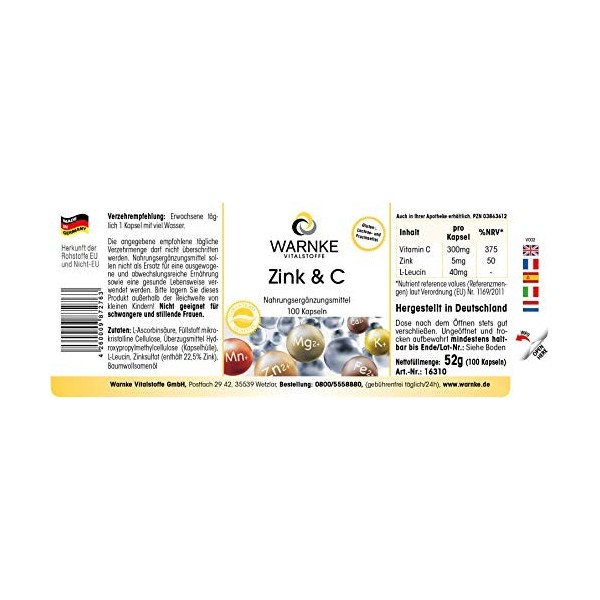 Zinc et vitamine C 300 mg - vitamine C - 5 mg de zinc - 100 gélules - Végétarien | Warnke Vitalstoffe