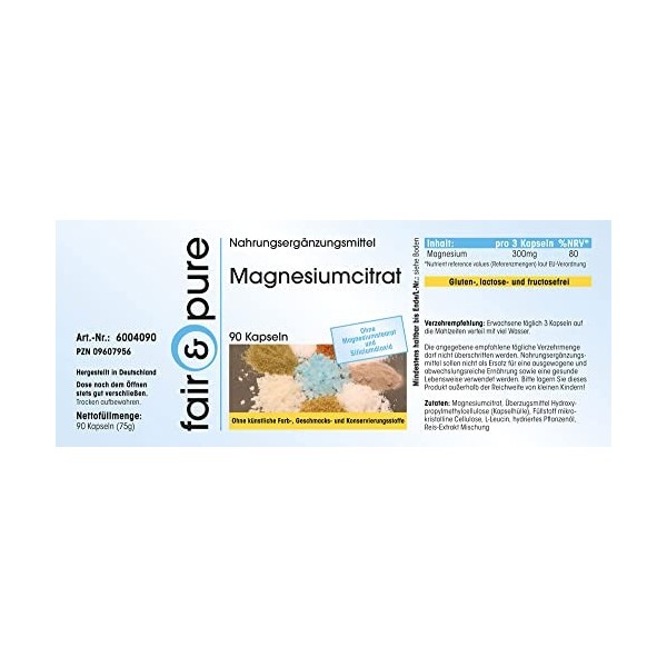 Fair & Pure® - Citrate de magnésium - 300 mg de magnésium pur par dose quotidienne - 90 gélules