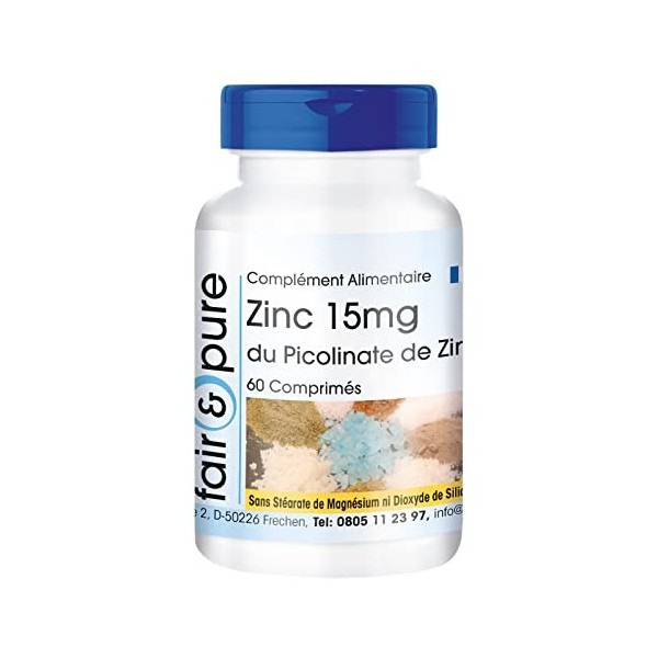 Fair & Pure® - Zinc 15mg teneur élémentaire de picolinate de zinc - végan - à dosage élevé - 60 comprimés de zinc