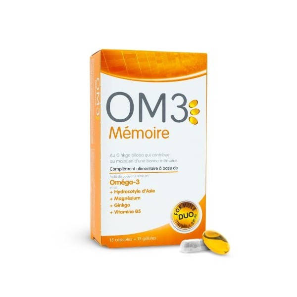 OM3 - MÉMOIRE - Formule Duo : Huile de poissons & Plantes -Oméga-3, Centella, Gingko, Magnésium et Vitamine B5 - 15 capsules 