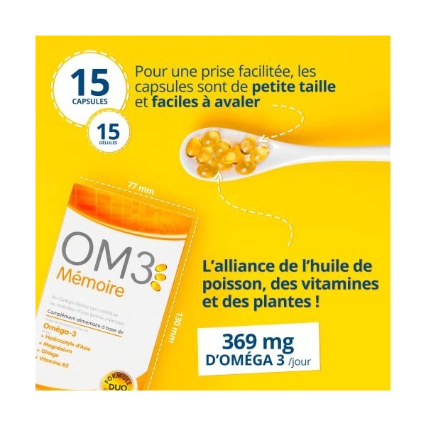 OM3 - MÉMOIRE - Formule Duo : Huile de poissons & Plantes -Oméga-3, Centella, Gingko, Magnésium et Vitamine B5 - 15 capsules 