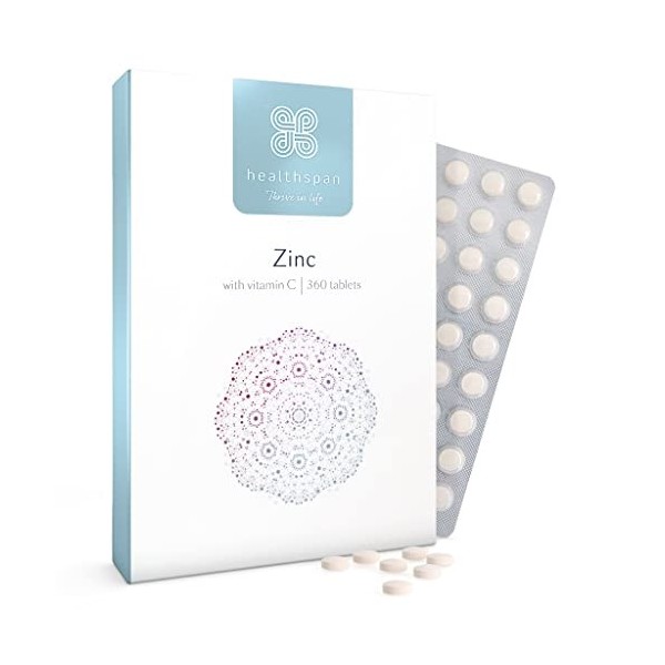 Zinc avec vitamine C de Healthspan | 360 comprimés | Santé immunitaire | Os, yeux, peau, cheveux et ongles | 15 mg de zinc et