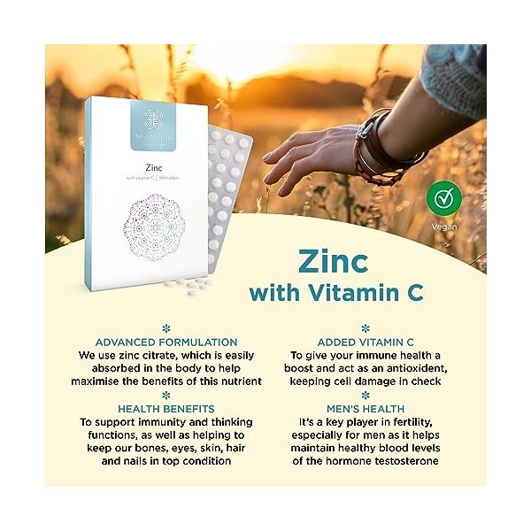 Zinc avec vitamine C de Healthspan | 360 comprimés | Santé immunitaire | Os, yeux, peau, cheveux et ongles | 15 mg de zinc et