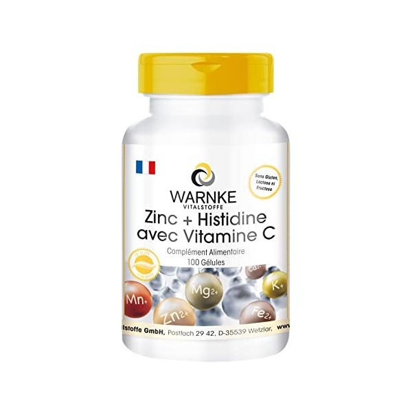 Zinc + Histidine + Vitamine C - dosage élevé - 300mg de Vitamine C & 10mg de Zinc par gélule - végétalien - 100 gélules | War