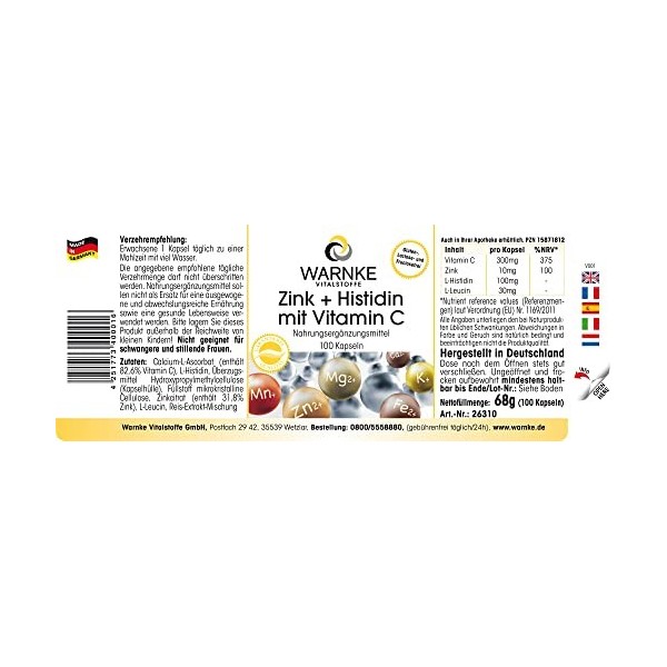 Zinc + Histidine + Vitamine C - dosage élevé - 300mg de Vitamine C & 10mg de Zinc par gélule - végétalien - 100 gélules | War