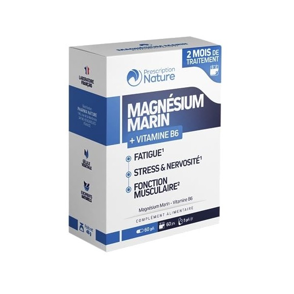 Prescription Nature - MAGNÉSIUM MARIN - Complément Alimentaire, Fatigue et Système Nerveux - Magnésium Marin, Vitamine B6 - F