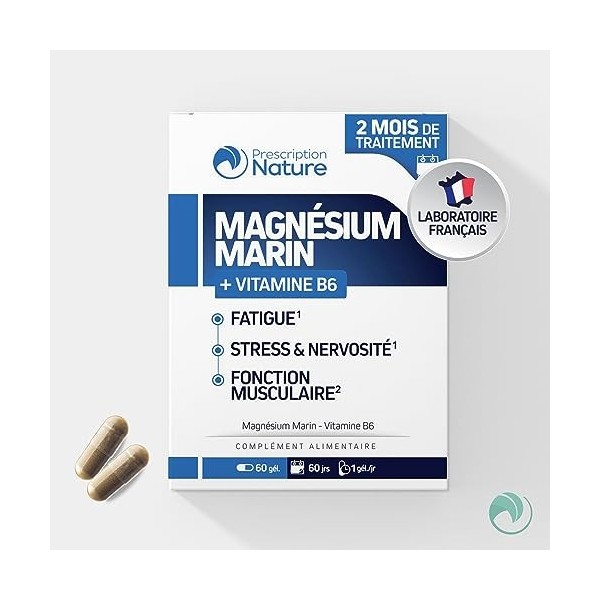 Prescription Nature - MAGNÉSIUM MARIN - Complément Alimentaire, Fatigue et Système Nerveux - Magnésium Marin, Vitamine B6 - F