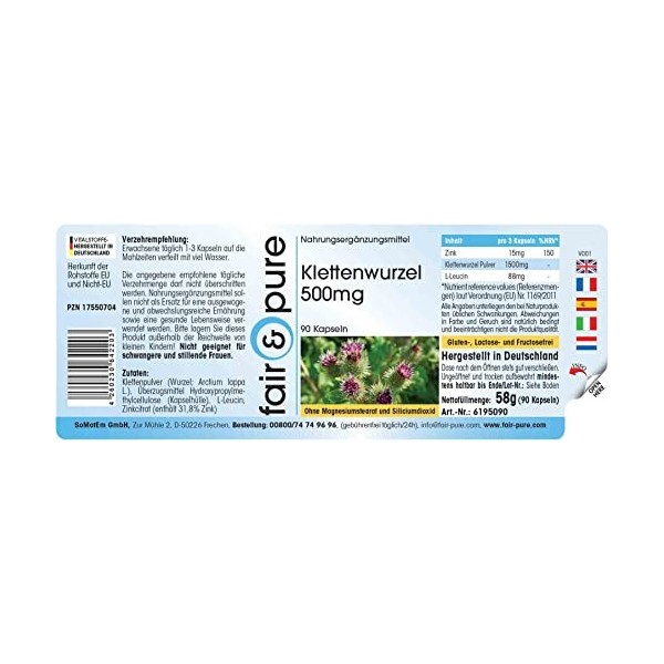 Fair & Pure® - Gélules de racine de bardane 500mg - 90 gélules - avec 15mg de zinc provenant de citrate de zinc organique - v