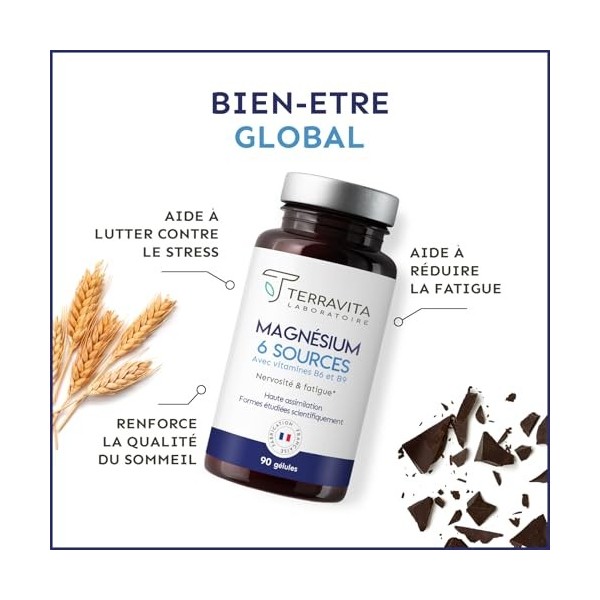 Magnésium 6 Sources dont Bisglycinate + Marin + Citrate | Efficacité Optimale contre Fatigue et Stress | 300 mg de Magnesium 