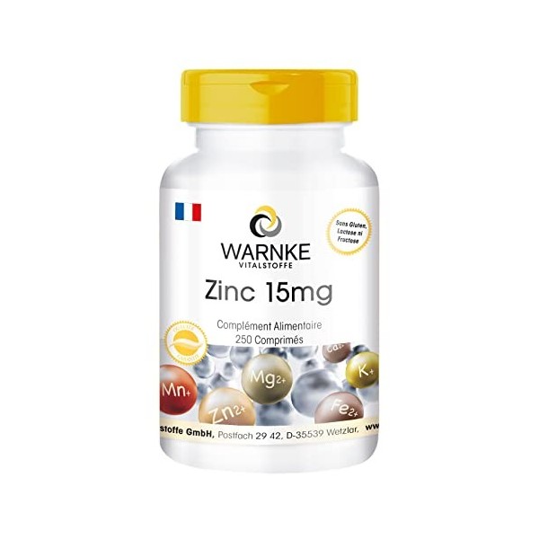 Zinc 15 mg - 250 comprimés pour 250 jours, forme organique comme gluconate de zinc, oligo-élément, végétalien | Warnke Vitals