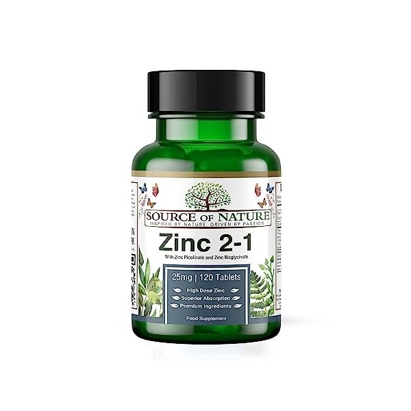 Source of Nature® | 2-in-1 Zinc 25mg | 120 Comprimés | 2 types de zinc les plus bioactifs | Dose élevée | Formulé scientifiqu