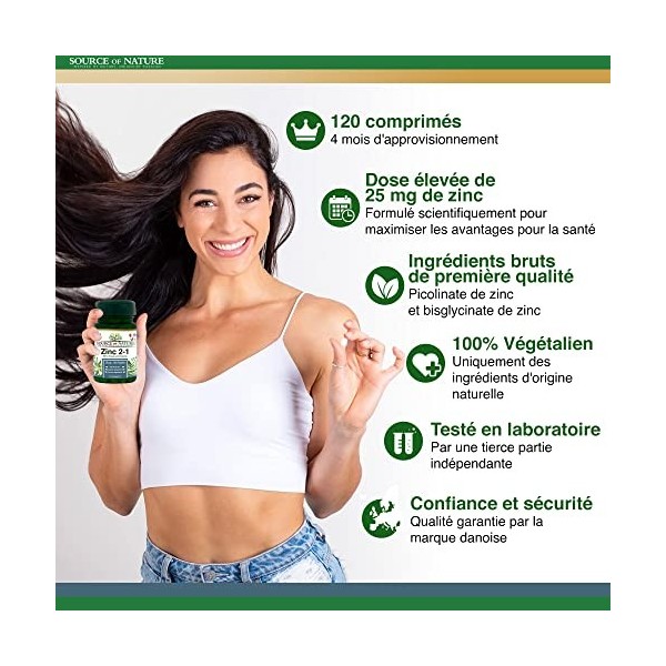 Source of Nature® | 2-in-1 Zinc 25mg | 120 Comprimés | 2 types de zinc les plus bioactifs | Dose élevée | Formulé scientifiqu