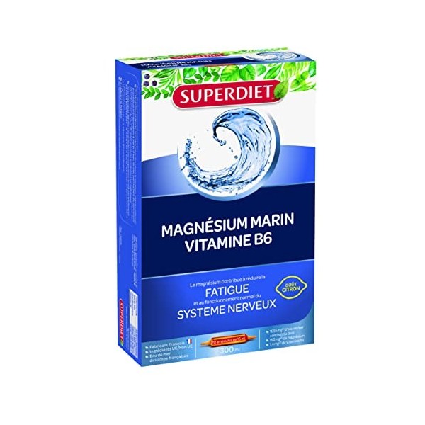 SUPERDIET-Magnésium Marin et Vitamine B6 - Réduction de la fatigue, Bon fonctionnement du système nerveux-Goût citron-20 ampo