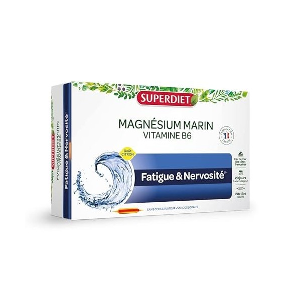 SUPERDIET-Magnésium Marin et Vitamine B6 - Réduction de la fatigue, Bon fonctionnement du système nerveux-Goût citron-20 ampo