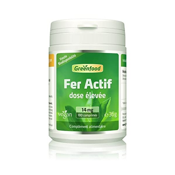 Greenfood Fer actif 14 mg, dose élevée, 180 comprimés, vegan. SANS additifs artificiels.