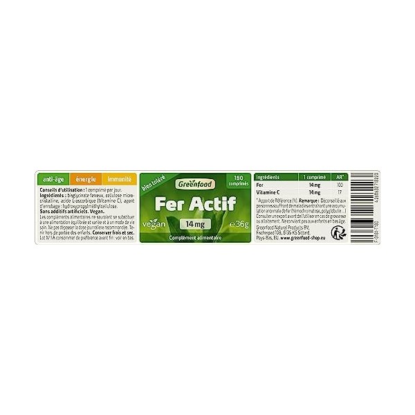 Greenfood Fer actif 14 mg, dose élevée, 180 comprimés, vegan. SANS additifs artificiels.