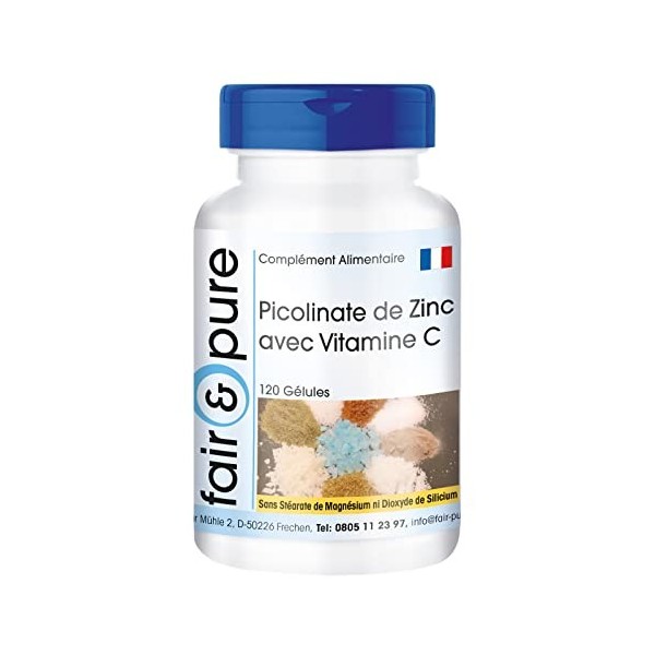 Fair & Pure® - Picolinate de zinc + Vitamine C - 15mg de Zinc & 100mg de Vitamine C par dose journalière - végan - 120 gélule