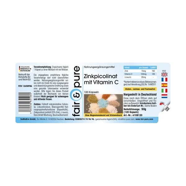 Fair & Pure® - Picolinate de zinc + Vitamine C - 15mg de Zinc & 100mg de Vitamine C par dose journalière - végan - 120 gélule