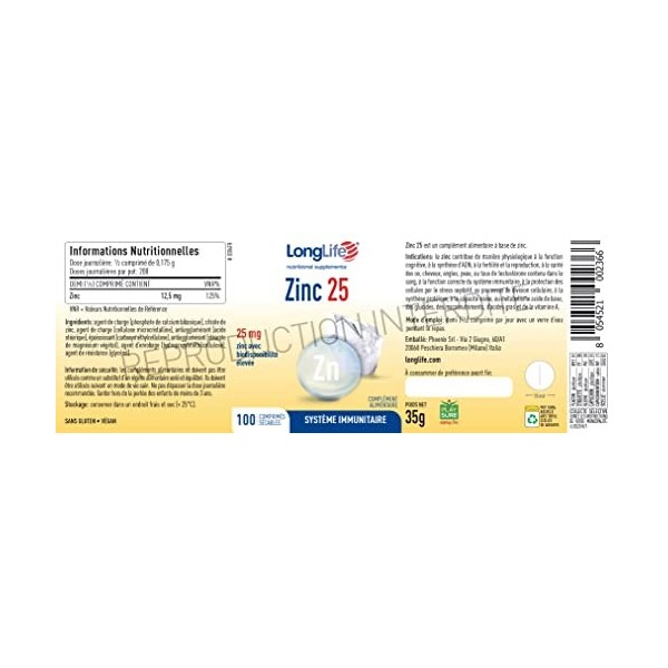 LongLife® Zinc 25 | Haut dosage 25mg zinc à biodisponibilité élevée | Plus de 100 jours de traitement | Défenses immunitaires