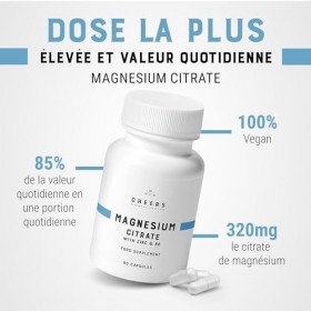 CHEERS - Magnesium Citrate, 90 Capsules de Magnésium Avec Zinc et Vitamine B6, Suppléments Végétaliens pour Adultes, 320 mg d