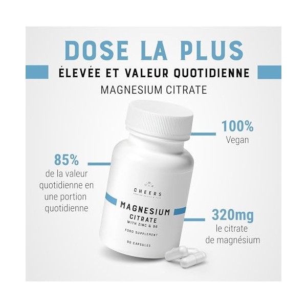 CHEERS - Magnesium Citrate, 90 Capsules de Magnésium Avec Zinc et Vitamine B6, Suppléments Végétaliens pour Adultes, 320 mg d