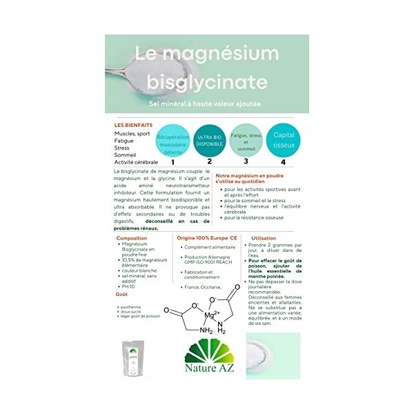 MAGNÉSIUM BISGLYCINATE | Pur | Absorption maximale | Biodisponible | Relaxation musculaire | Fatigue, Sommeil et Stress | sac