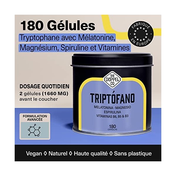 Tryptophane 600mg avec Melatonine et Magnesium + Vitamine B6, B5, B3 + Spiruline | 180 Gélules | 1.78mg Mélatonine | LTryptop