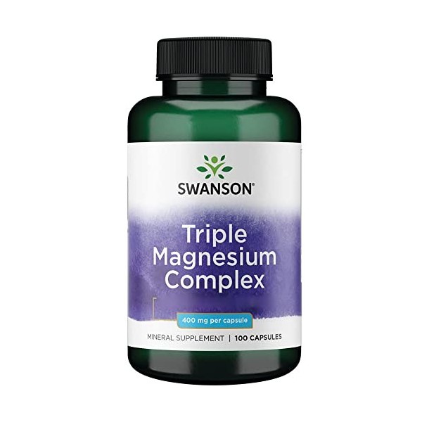 Swanson, Triple Magnesium Complex, avec 400mg de Magnésium par Capsule, 100 Capsules végétaliennes, Haute Dosé, Testé en Labo