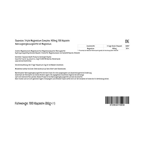 Swanson, Triple Magnesium Complex, avec 400mg de Magnésium par Capsule, 100 Capsules végétaliennes, Haute Dosé, Testé en Labo