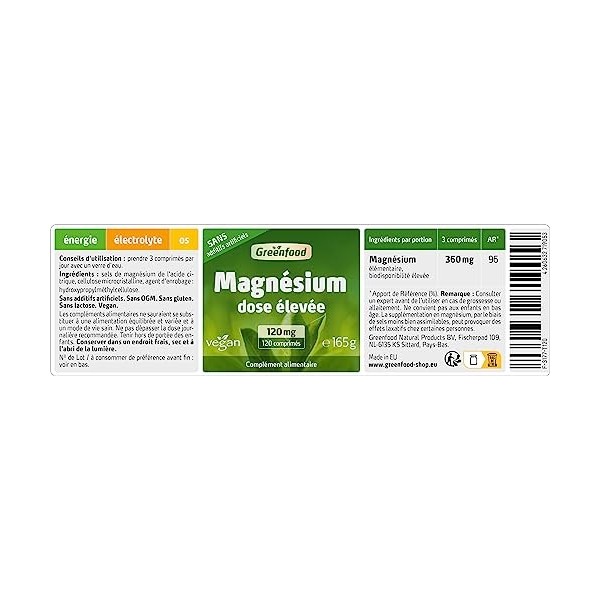 Greenfood Magnésium, 120mg, dose élevée, 120 comprimés - pour à un métabolisme énergétique normal.Sans additifs artificiels. 