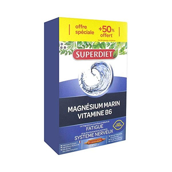 SUPERDIET-Magnésium Marin et Vitamine B6-Réduction de la fatigue,Bon fonctionnement du système nerveux-Goût citron-20 ampoule