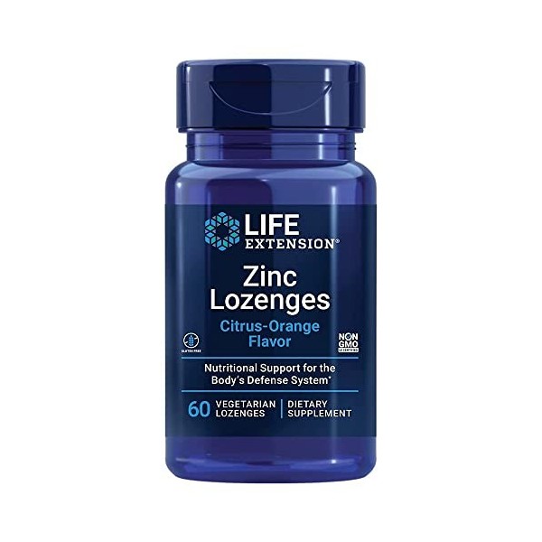 Life Extension, Zinc Lozenges Comprimés à Sucer au Zinc , au Goût dAgrumes et dOrange, 60 Comprimés à Sucer végétaliens, T