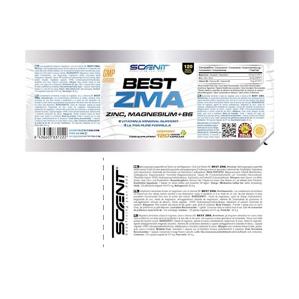 ZMA - ZMA Magnésium Zinc et Vitamine b6 - Best ZMA - 120 capsules végétaliennes - Zinc bisglycinate et magnesium - zinc magne