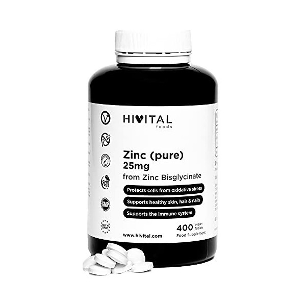 Zinc 25 mg de Bisglycinate de Zinc. 400 comprimés végétaliens pour plus dun an de traitement. Améliore le système immunitair