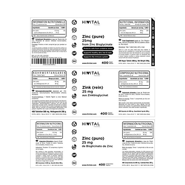 Zinc 25 mg de Bisglycinate de Zinc. 400 comprimés végétaliens pour plus dun an de traitement. Améliore le système immunitair