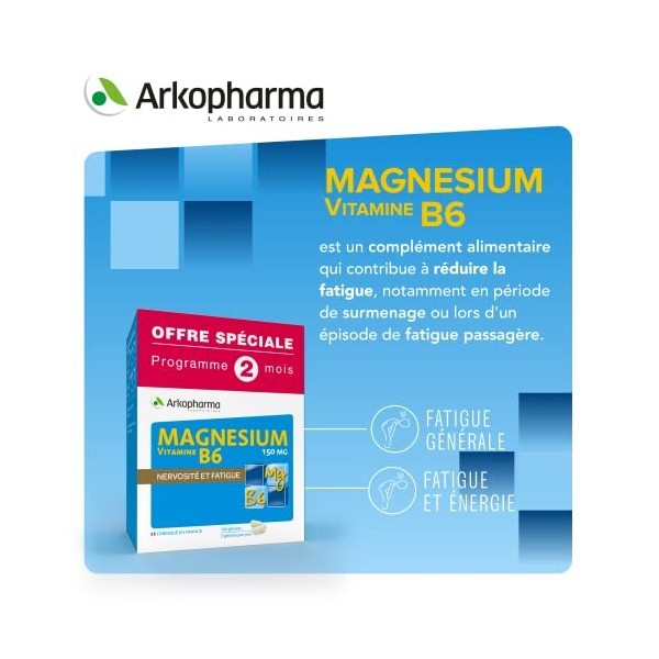 "Magnésium et Vitamine B6 - Programme de 2 mois - Lutte contre la nervosité et la fatigue - 120 gélules - OFFRE SPÉCIALE "