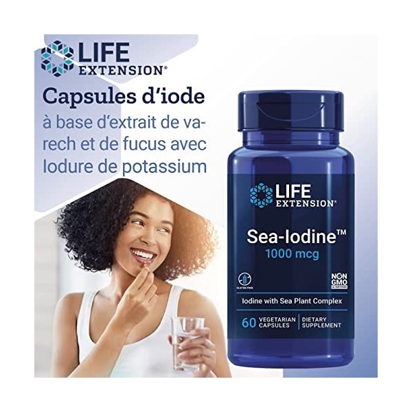 Life Extension, Sea Iodine, 1000mcg, Dépôt, Iode Hautement Dosé, 60 Capsules végétaliennes, Testé en Laboratoire, Sans Gluten