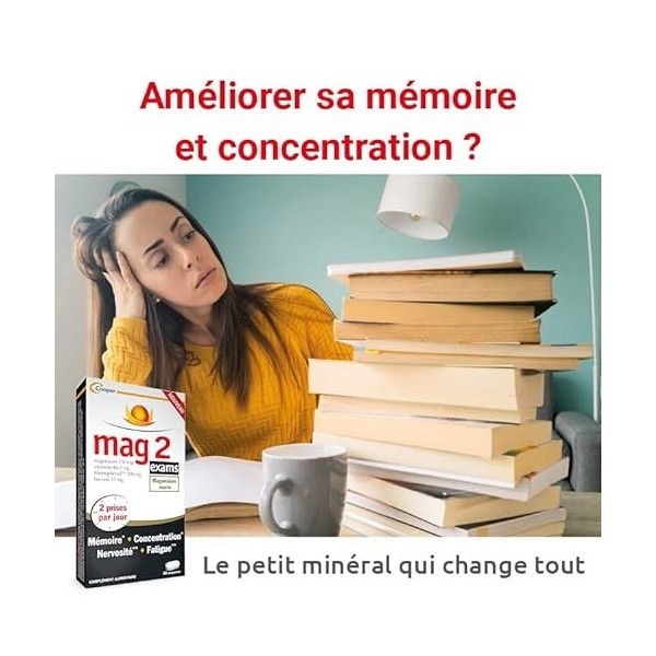 MAG 2 - Examens - Complément alimentaire à base de magnésium marin 300mg, vitamine B6, bacopa, memophenol - Mémoire, concentr