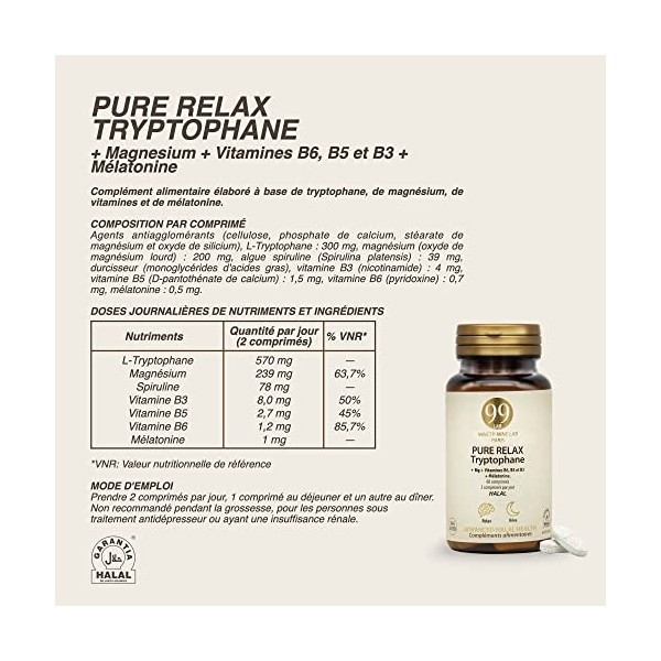 99 LAB PARIS - Pure Relax Tryptophane - Complément Alimentaire Halal - Rendement intellectuel, Réduction de la Fatigue - Vita