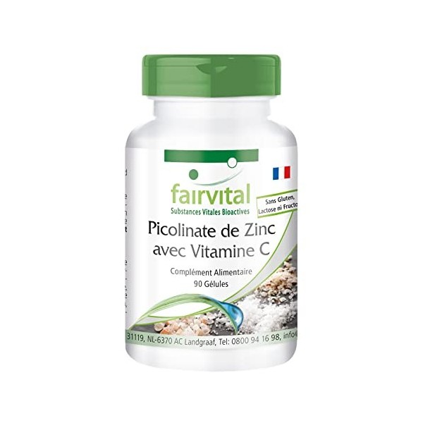 Fairvital | Picolinate de zinc avec vitamine C, 15mg de zinc par gélule, 90 gélules - Substance pure